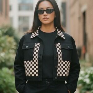 Beach Riot Desert Trucker Black Tan Checkered Jacket Large